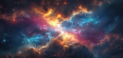 Obraz premium Abstract Cosmic Nebula with Explosive Colors and Star Clusters in Deep Space, Showcasing Galactic Wonders 