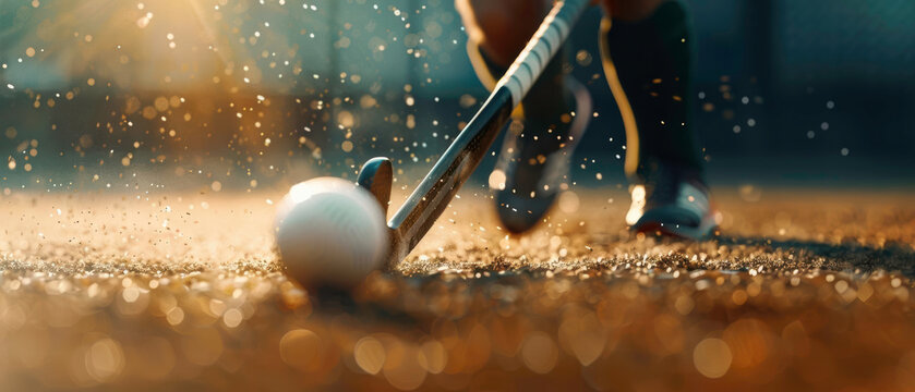 Field hockey player striking the ball, focus on stick and ball, with field backdrop