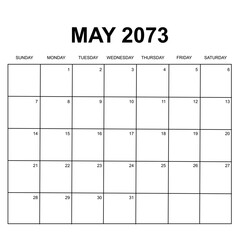 may 2073. monthly calendar design. week starts on sunday. printable, simple, and clean vector design isolated on white background.