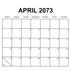 april 2073. monthly calendar design. week starts on sunday. printable, simple, and clean vector design isolated on white background.