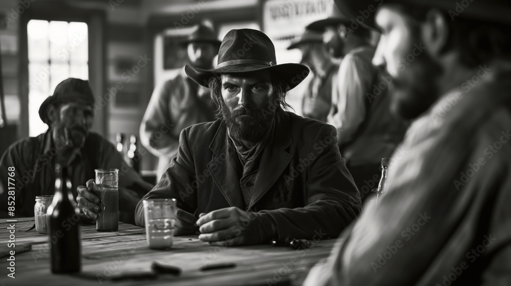 Wall mural Black and white scene of a group of men in a historical setting, wearing cowboy hats, sitting around a table with drinks and engaging in conversation.