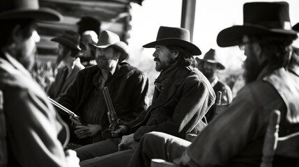 Black and white image of men in cowboy attire with hats and guns sitting and conversing in a rustic outdoor setting.