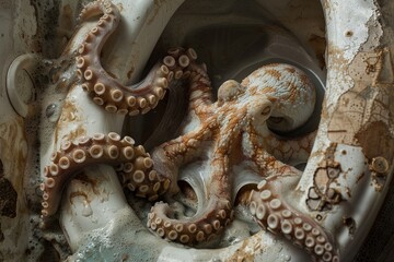An octopus emerging from a dirty, dilapidated bathtub, adding a creepy vibe to the scene