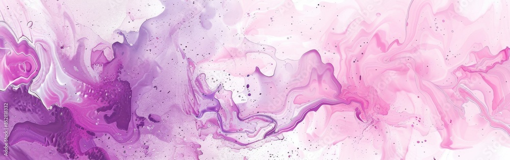 Poster This abstract image features swirls of purple and pink paint against a white background. The paint creates a dynamic and organic pattern, with subtle specks of glitter adding texture. The colors creat