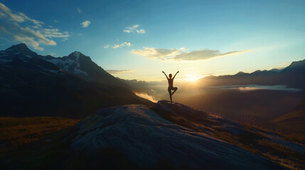 A person practices yoga on a mountain peak during a sunrise, standing in a tree pose amidst a scenic landscape with mountains and a clear sky.