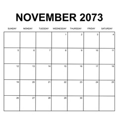 november 2073. monthly calendar design. week starts on sunday. printable, simple, and clean vector design isolated on white background.