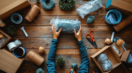 Hands Packing Items with Bubble Wrap for Moving or Shipping, Surrounded by Packing Supplies on Wooden Table