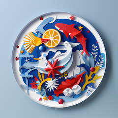Fototapeta premium Paper cut style plate design with products from America..