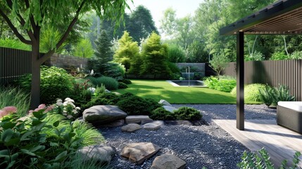 Fototapeta premium A beautifully landscaped backyard featuring a stone pathway leading to a small water feature. The lush greenery and natural stone elements create a peaceful and relaxing atmosphere. A wooden pergola p