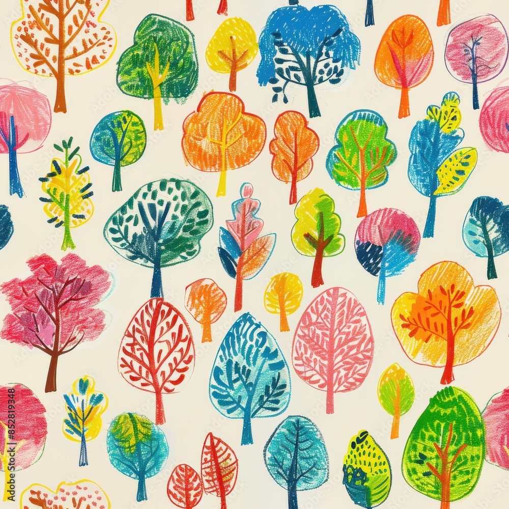 Poster This image features a seamless pattern of brightly colored, hand-drawn trees on a white background. Each tree has a unique shape and color combination, creating a whimsical and playful design. The tre