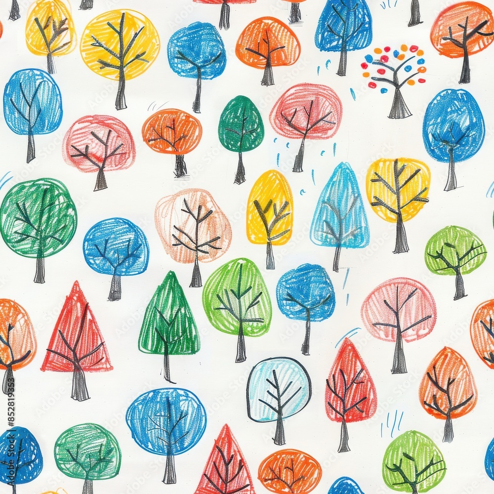 Poster This image features a seamless pattern of colorful, hand-drawn trees on a white background. The trees are drawn in various shapes and sizes, with a variety of colors used to represent their leaves and