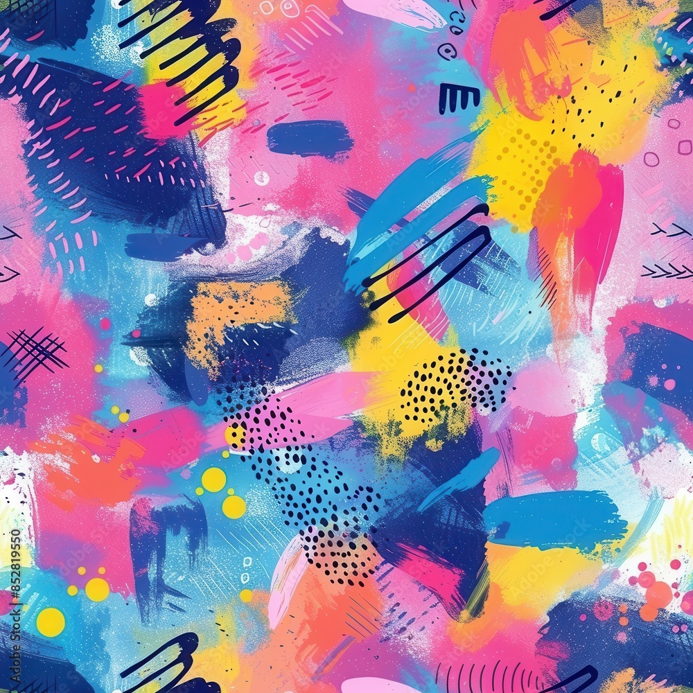 Poster This image shows a vibrant abstract pattern created with bold brushstrokes in various colors, including pink, blue, yellow, and white. The pattern is designed with a variety of abstract shapes and tex