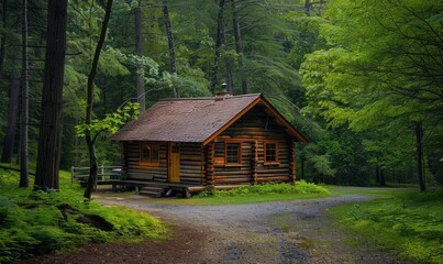 Fototapeta premium Rustic cabin in a forest clearing
