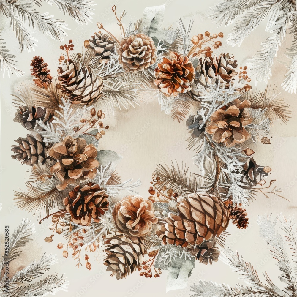 Aufkleber This image is a watercolor illustration depicting a wreath made of pine cones and frosted evergreen branches. The wreath is arranged in a circular pattern and features various sizes and shapes of pine