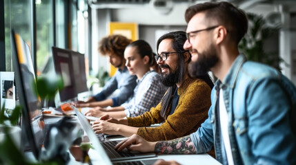 Diverse group of young professionals collaborating on computers in a modern, open plan office with large windows and greenery.