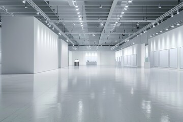 Empty exhibition stand in a large exhibition building with white interior