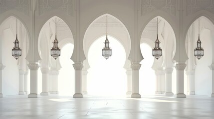 White Mosque Interior With Hanging Lanterns