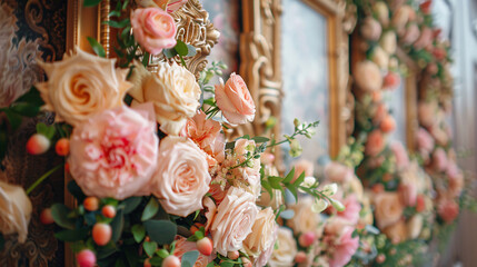 Fototapeta premium Retro-themed wedding decorations with baroque frames and pastel accents