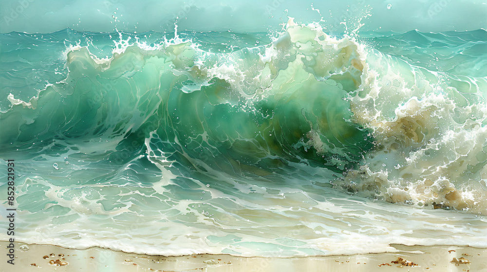 Sticker Turquoise Ocean Wave Crashing on Sandy Beach.