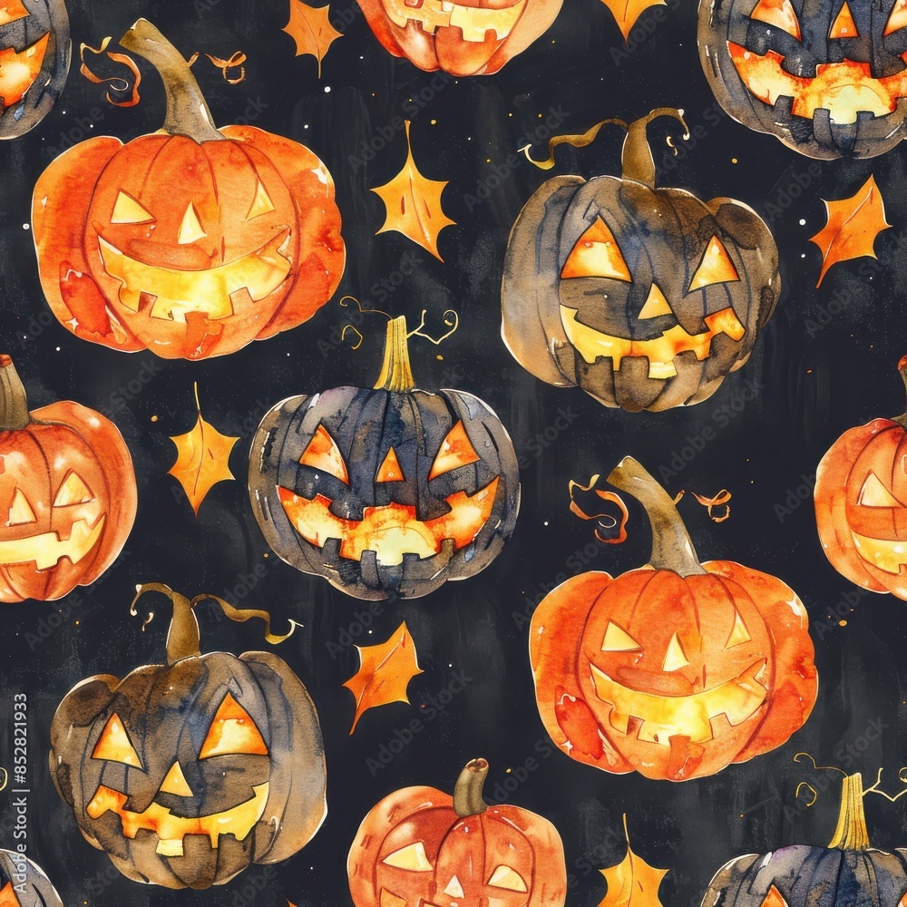 Poster a seamless pattern featuring watercolor illustrations of jack o lanterns with glowing faces. the pum