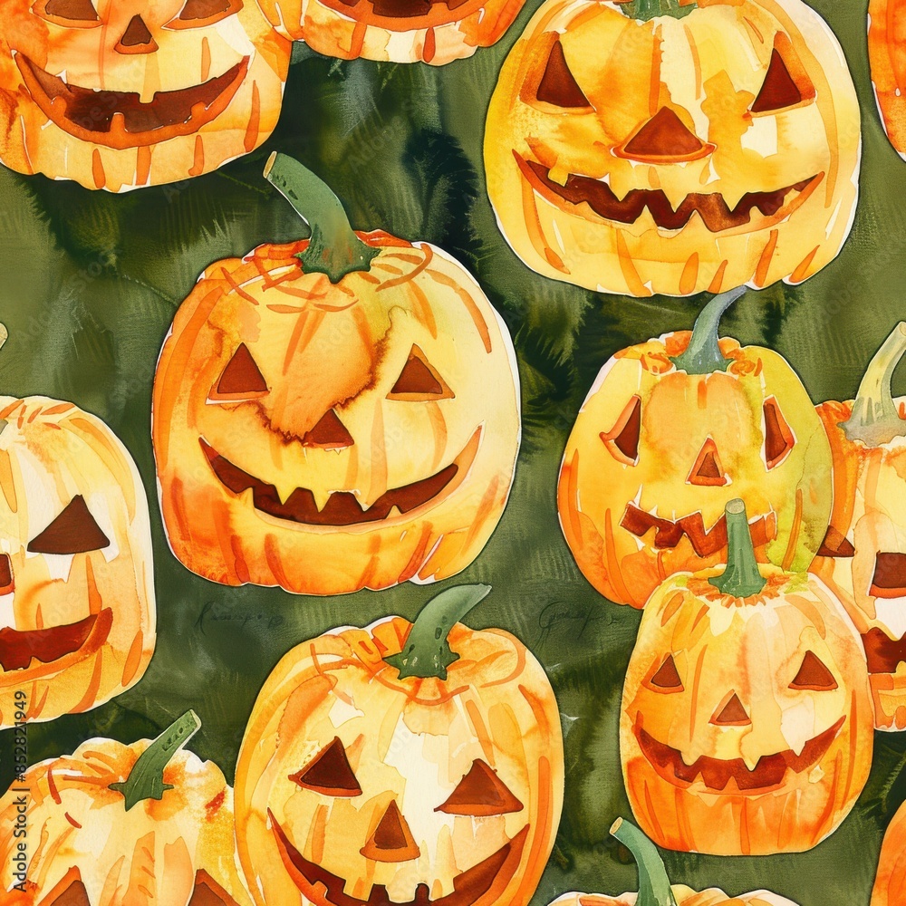 Poster this watercolor painting features a close-up view of multiple carved pumpkins with grinning faces. t