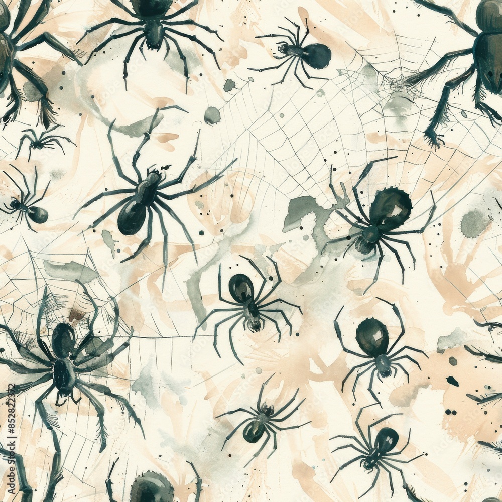 Poster this illustration depicts a watercolor pattern featuring spiders and webs on a tan background. the a