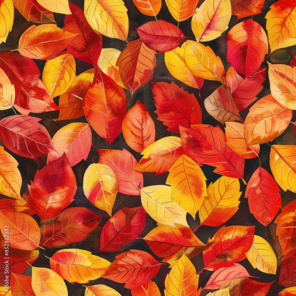 Poster this image is a watercolor illustration depicting a close-up view of vibrant autumn leaves in variou