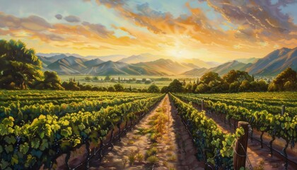 Fototapeta premium Embrace the tranquil beauty a vineyard illuminated by the soft, amber light of the setting sun