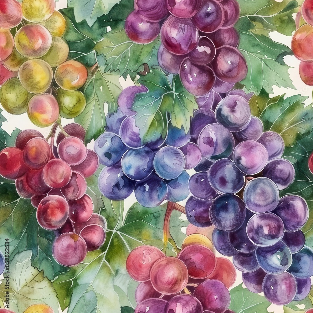 Poster this image is a watercolor painting depicting a close-up view of a bunch of green, red, and purple g