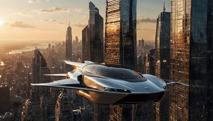 A solar-powered flying car navigating through skyscrapers in a futuristic metropolis ai_generated