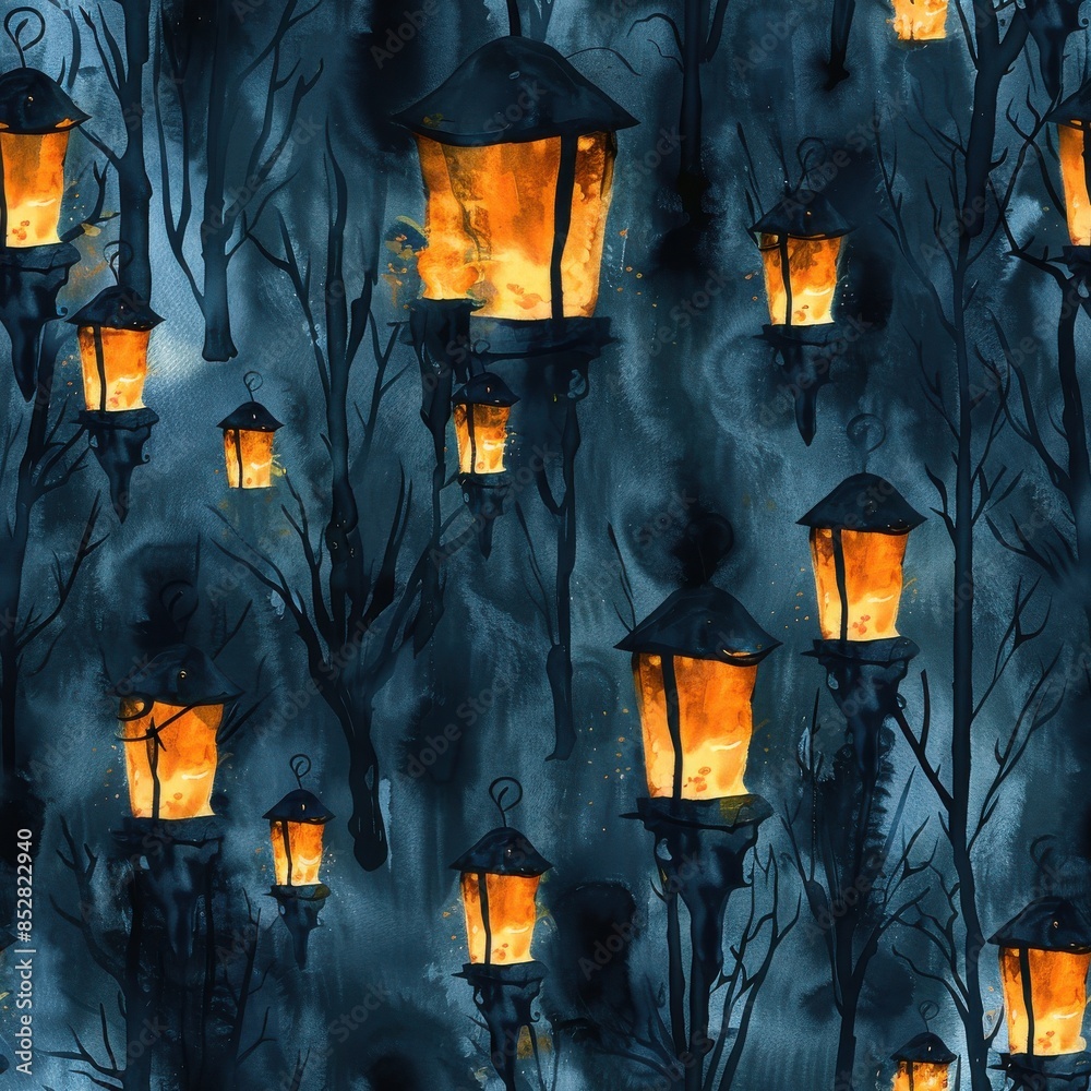 Aufkleber a watercolor painting depicts a dark forest scene with numerous lanterns glowing brightly against th