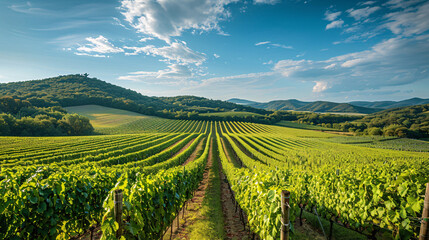 Fototapeta premium Scenic view of a vineyard with rolling hills and blue sky