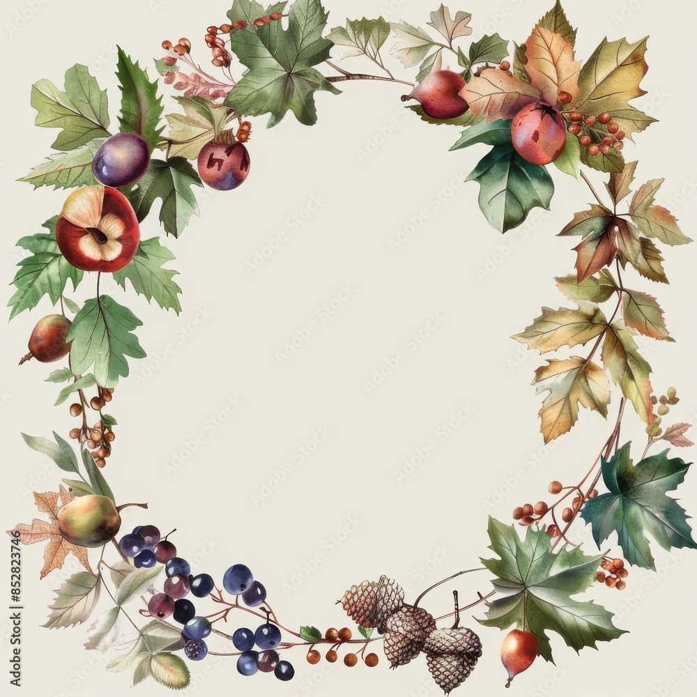 Poster a watercolor illustration depicting a circular wreath composed of autumnal elements. green and brown