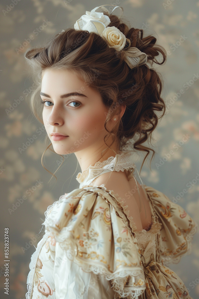 Sticker Victorian lady. Young woman portrait in eighteenth century posing. elegant historical dress and hairstyle