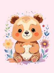 Cute bear with splashes and flowers on the purple background.