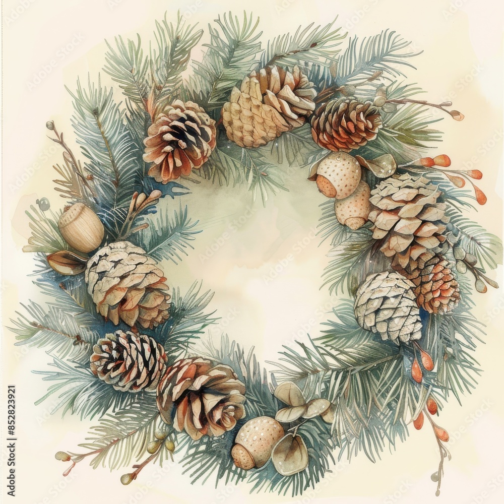 Poster this is a watercolor painting of a pine cone wreath. the wreath is made up of pine branches and pine