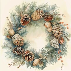 Obraz premium This is a watercolor painting of a pine cone wreath. The wreath is made up of pine branches and pine cones. There are also some berries and acorns in the wreath. The background is a soft beige color.