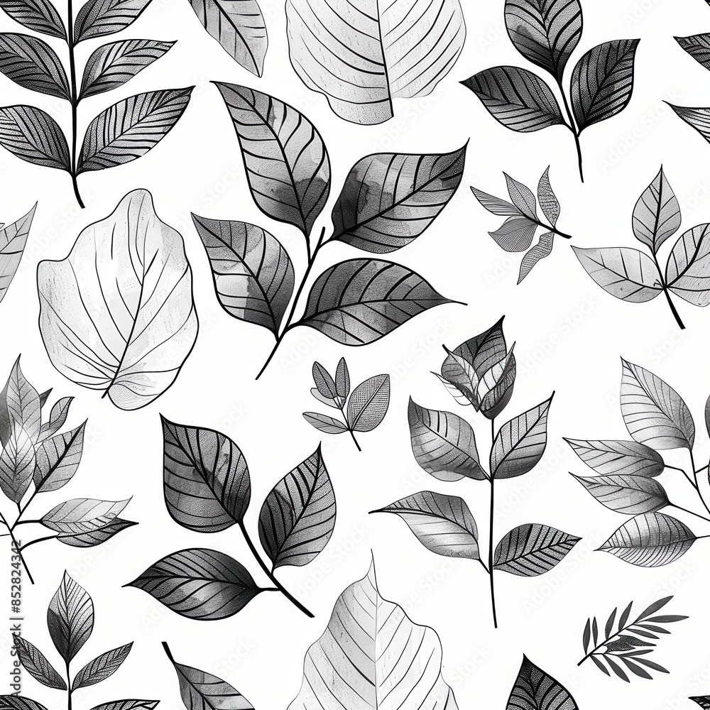 Poster A seamless repeat pattern featuring a variety of leaves in black and white watercolor illustrations. The leaves are drawn in a realistic style and are arranged in a repeating pattern on a white backgr