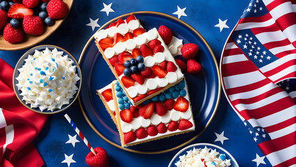 Fototapeta premium Fourth of July aesthetic wallpaper, Independence day concept background, Fourth of July desserts, Independence day's foods, fireworks at sky, AI generated