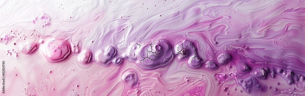 Poster This image showcases an abstract pattern of pink and purple liquid swirls with metallic bubbles. The swirls create a flowing, organic look, while the bubbles add a touch of texture and dimension. The 