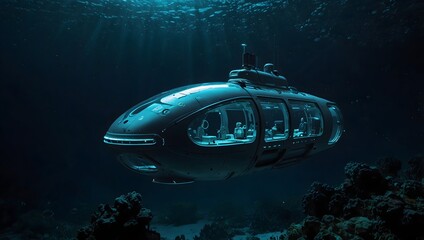 The elegance of a self-driving submarine gliding effortlessly through bioluminescent underwater cities ai_generated