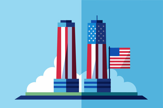 Two buildings with American flags atop, against urban backdrop