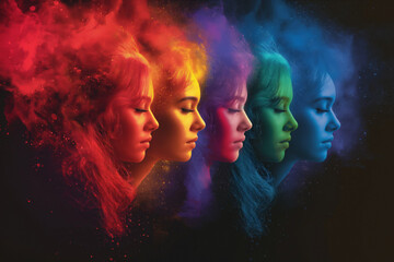 Four women embracing diversity in vibrant explosion of color, rainbow silhouettes, LGBTQ concept