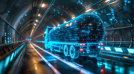 Blue wireframe Trailer Truck rides through Blue tunnel 3d rendering