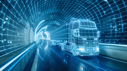 Blue wireframe Trailer Truck rides through Blue tunnel 3d rendering