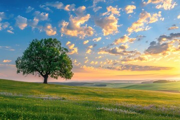 Fototapeta premium Tranquil panoramic rural landscape scenery in an early summer morning after sunrise, with a lonely tree on green meadow and colorful clouds in the gold and blue sky