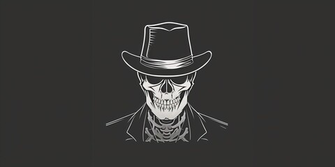 evil smiling white skull cowboy with dark hat on black background outline illustration