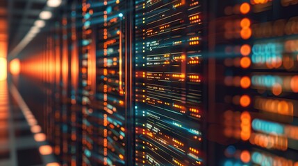 Naklejka premium photo of data center server racks digital data storage processing technology background with copy space