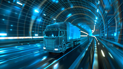 Blue wireframe Trailer Truck rides through Blue tunnel 3d rendering