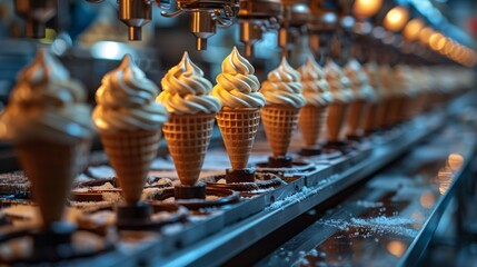 Obraz premium A close-up view of an automated conveyor belt in a factory setting, filling crisp waffle cones with swirls of soft-serve ice cream.